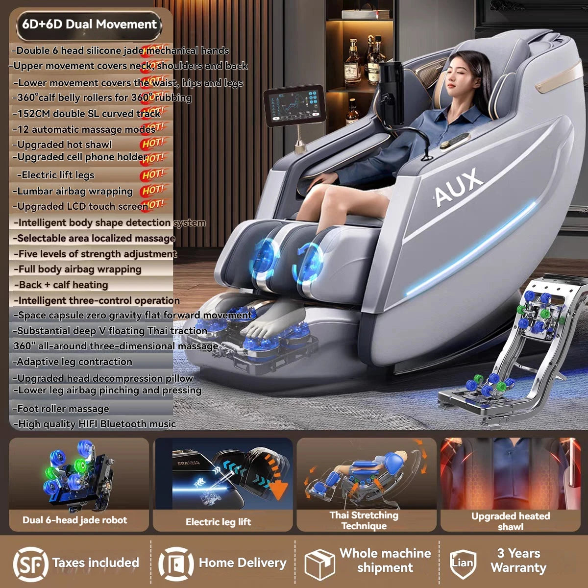 6D+6D Massage Chair Full Body Zero Gravity SL-Track Shiatsu Heating Massage Chairs with Body Scan Yoga Stretch Calf Extension
