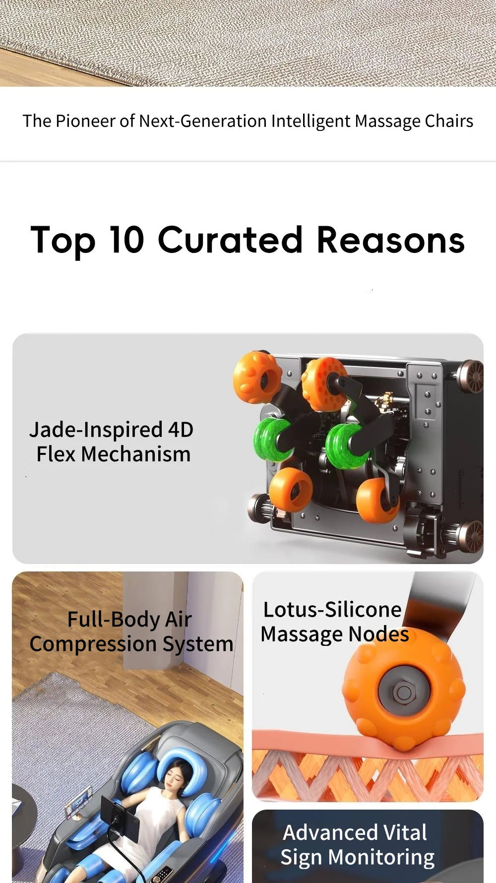 Jade-Inspired 4D Flex Mechanism SL-Track Massage Chair Lotus-Silicone Massage Nodes with Calf Kneading Roller Home Leisure Sofa