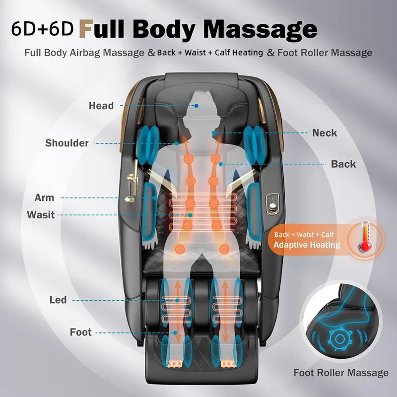 6D+6D Massage Chair Full Body Zero Gravity SL-Track Shiatsu Heating Massage Chairs with Body Scan Yoga Stretch Calf Extension