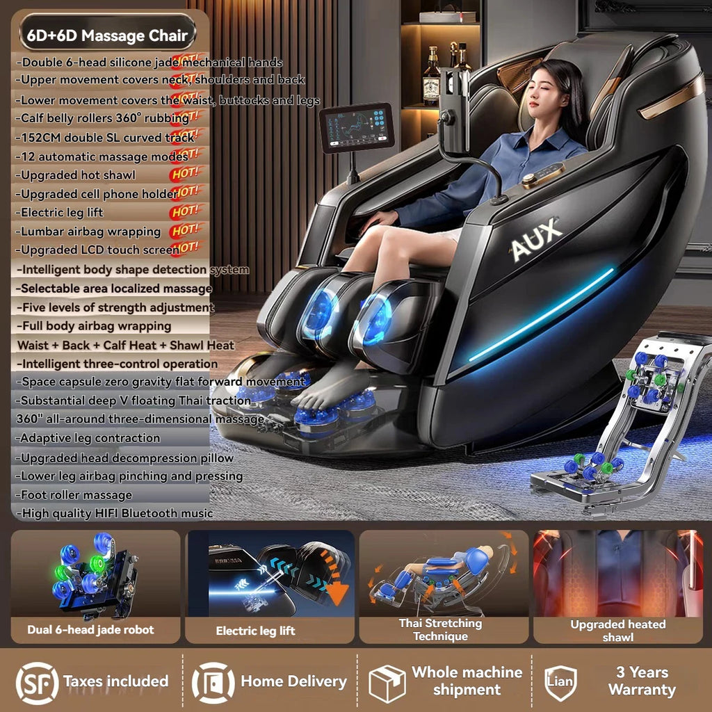 6D+6D Massage Chair Full Body Zero Gravity SL-Track Shiatsu Heating Massage Chairs with Body Scan Yoga Stretch Calf Extension