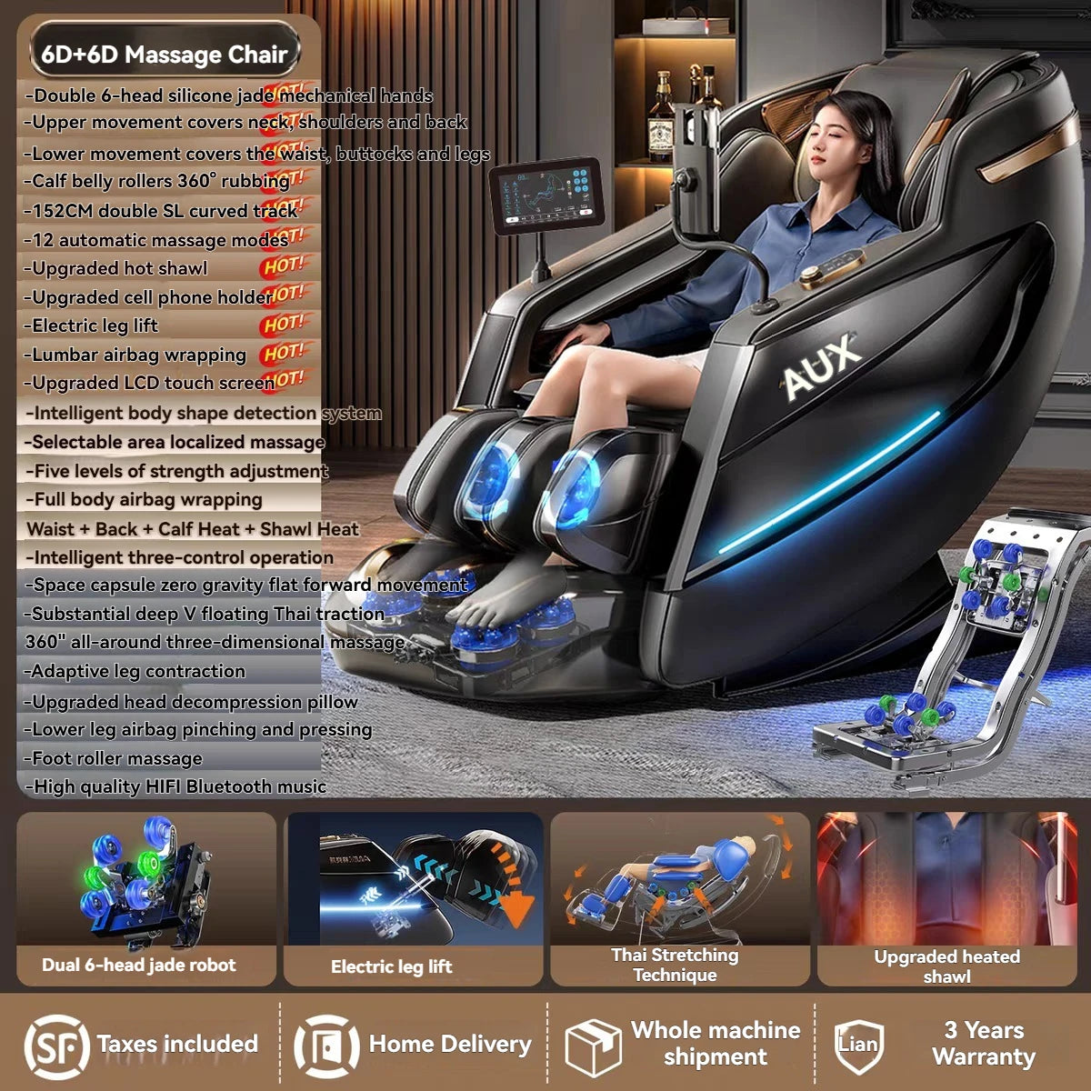 6D+6D Massage Chair Full Body Zero Gravity SL-Track Shiatsu Heating Massage Chairs with Body Scan Yoga Stretch Calf Extension